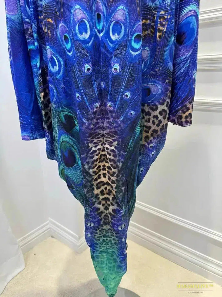 Stunning 2024 Gothic Fashion Blue Peacock Print Silk Dress - V Neck, Batwing Sleeves, Loose Long Step