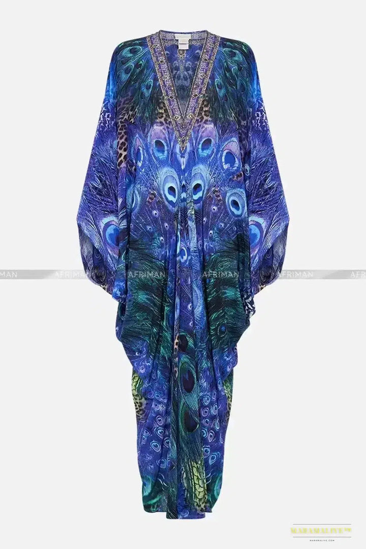 Stunning 2024 Gothic Fashion Blue Peacock Print Silk Dress - V Neck, Batwing Sleeves, Loose Long Step