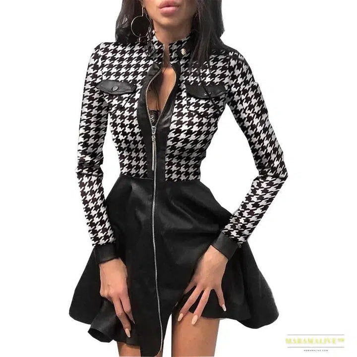 Stunning Gothic Autumn Commuter Long Sleeve Women's PU Leather & Printed Tunic Dress - Luxury Vibrant Fashion