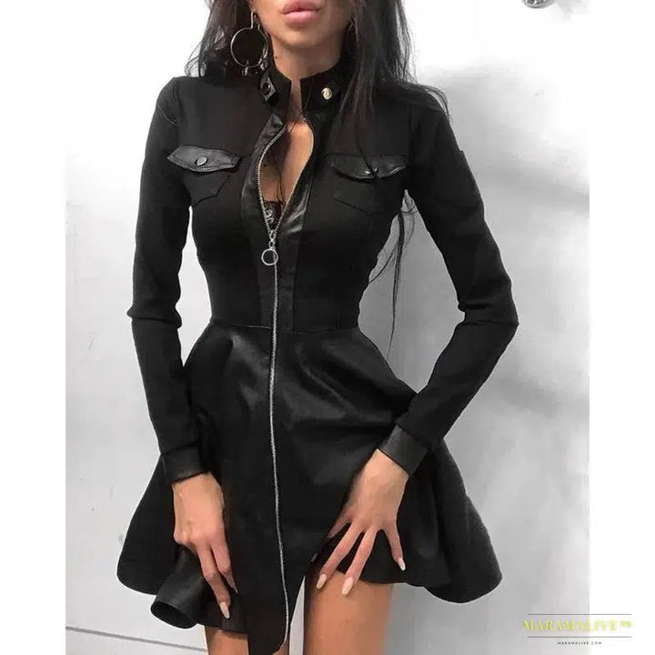 Stunning Gothic Autumn Commuter Long Sleeve Women's PU Leather & Printed Tunic Dress - Luxury Vibrant Fashion