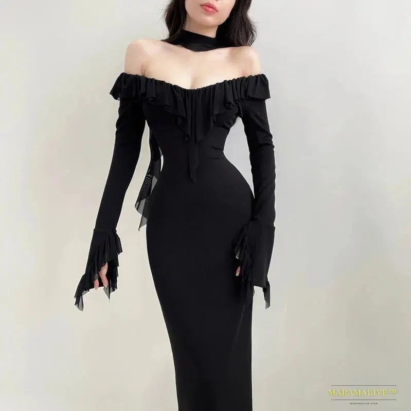 Stunning Gothic Black Mesh Ruffles Evening Dress - Luxury Round Collar, Slim Long Sleeve Maxi Dresses