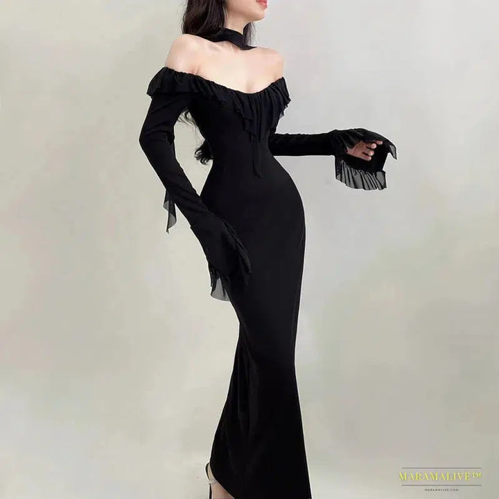 Stunning Gothic Black Mesh Ruffles Evening Dress - Luxury Round Collar, Slim Long Sleeve Maxi Dresses