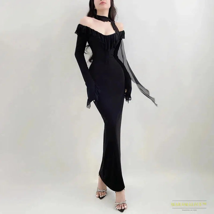 Stunning Gothic Black Mesh Ruffles Evening Dress - Luxury Round Collar, Slim Long Sleeve Maxi Dresses