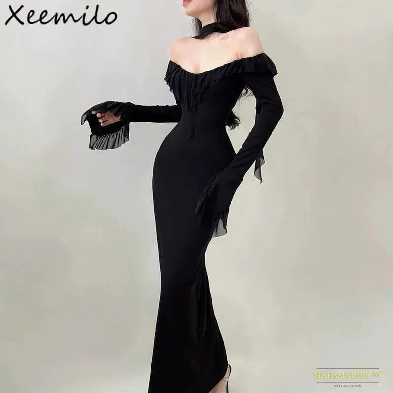 Stunning Gothic Black Mesh Ruffles Evening Dress - Luxury Round Collar, Slim Long Sleeve Maxi Dresses