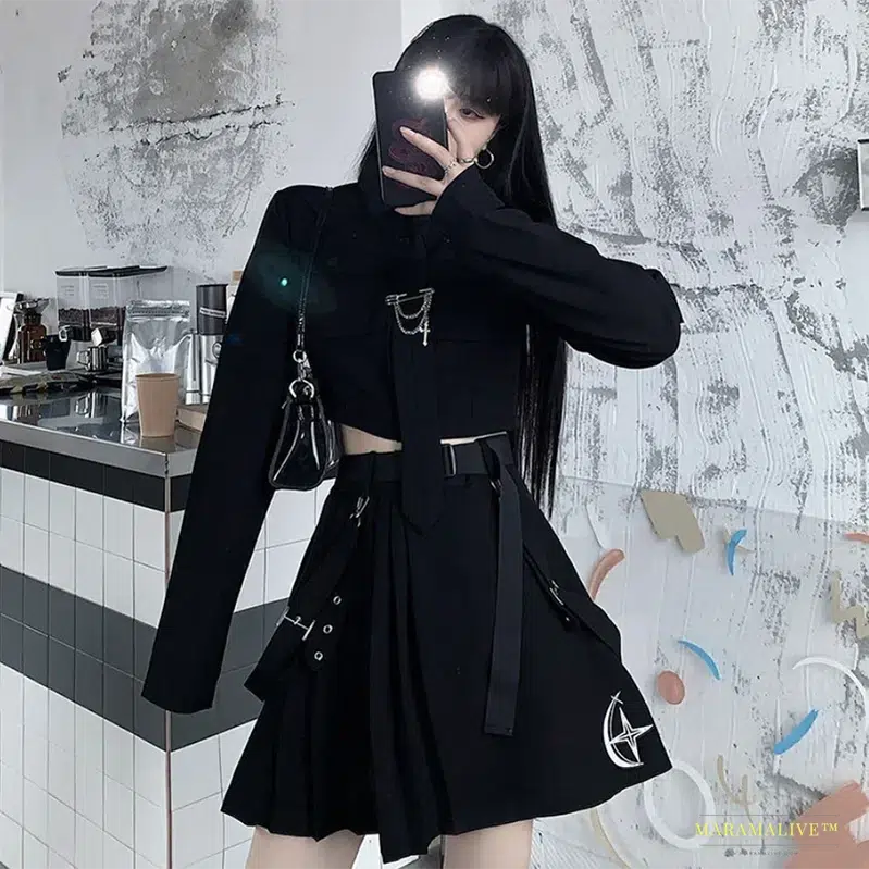 Stunning Gothic Inspired Streetwear Two-Piece Skirt Spring Suit with Oversize Punk Chain Ribbon Skirts