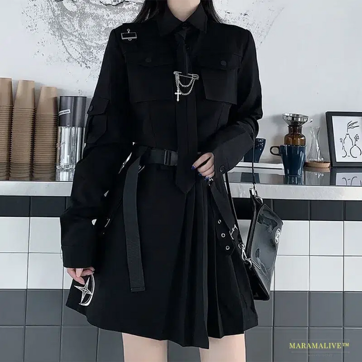 Stunning Gothic Inspired Streetwear Two-Piece Skirt Spring Suit with Oversize Punk Chain Ribbon Skirts