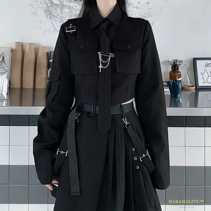 Stunning Gothic Inspired Streetwear Two-Piece Skirt Spring Suit with Oversize Punk Chain Ribbon Skirts