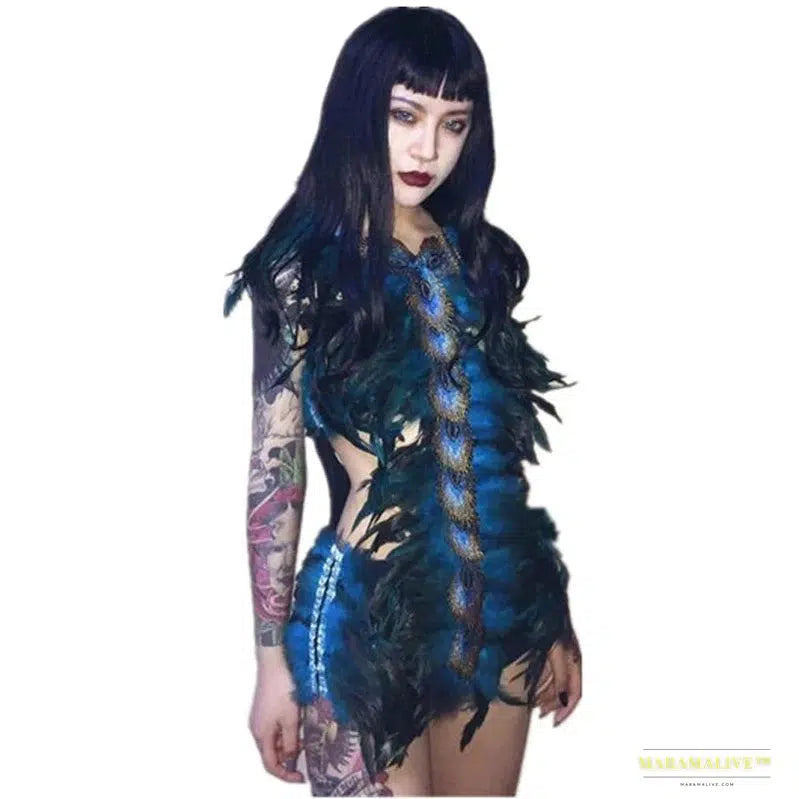 Stunning Gothic Peacock Feather Bodysuit - Nightclub Stage Costume and Party Dress