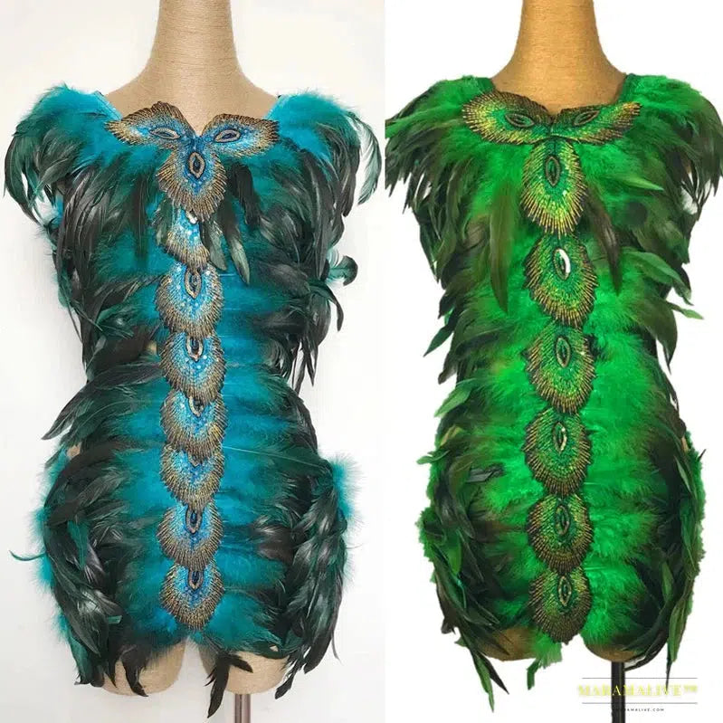 Stunning Gothic Peacock Feather Bodysuit - Nightclub Stage Costume and Party Dress