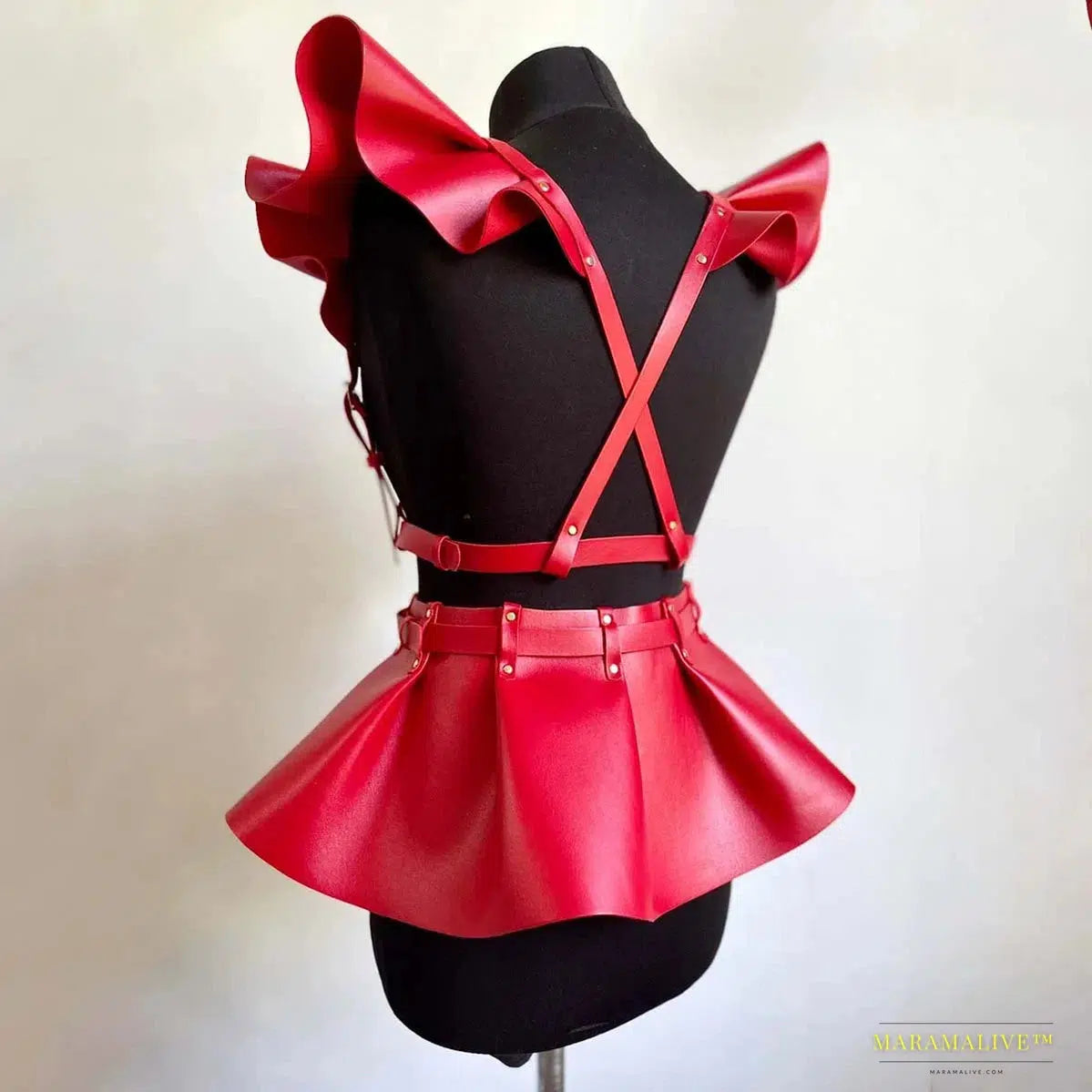 Stunning Gothic Women's Fashion Leather Harness Belt Skirt with Vibrant Ruffle Hem - Luxury Waist & Shoulder Belt Clothing Accessory