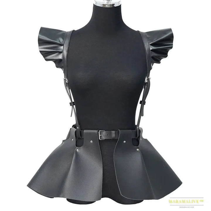 Stunning Gothic Women's Fashion Leather Harness Belt Skirt with Vibrant Ruffle Hem - Luxury Waist & Shoulder Belt Clothing Accessory