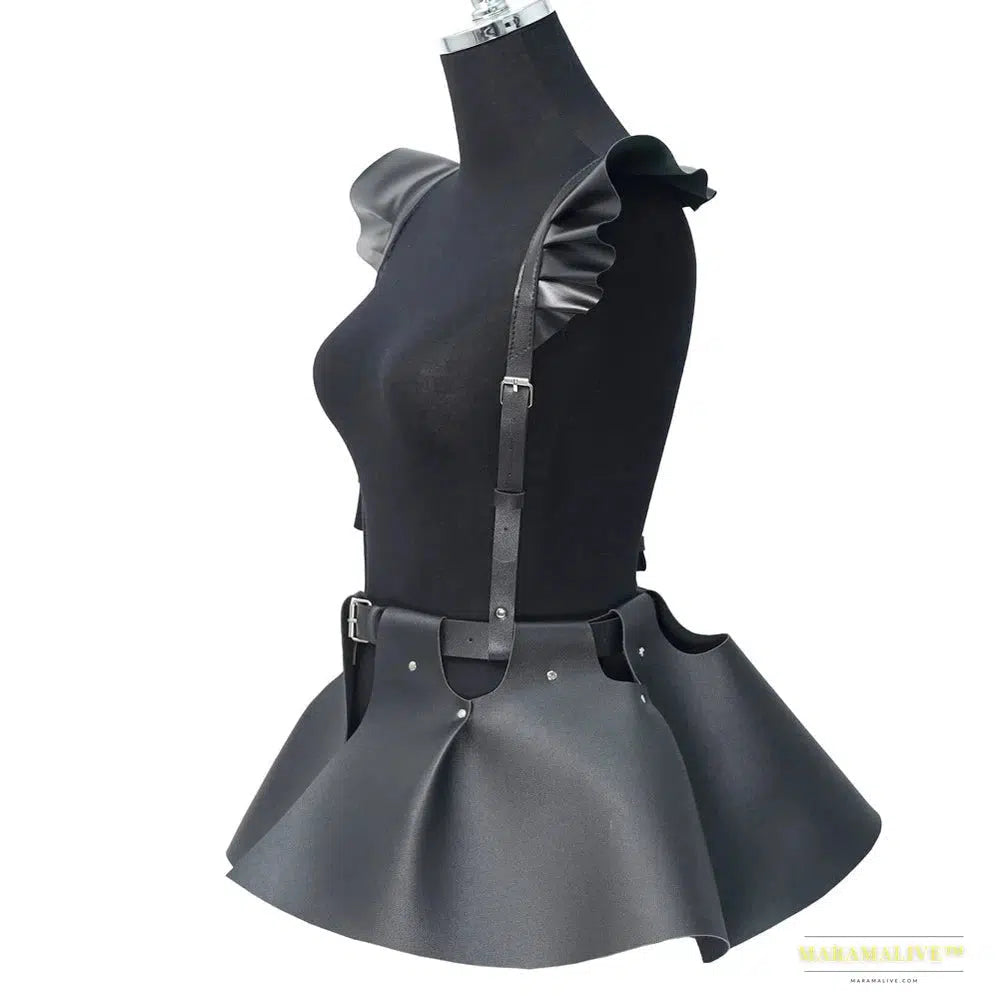 Stunning Gothic Women's Fashion Leather Harness Belt Skirt with Vibrant Ruffle Hem - Luxury Waist & Shoulder Belt Clothing Accessory