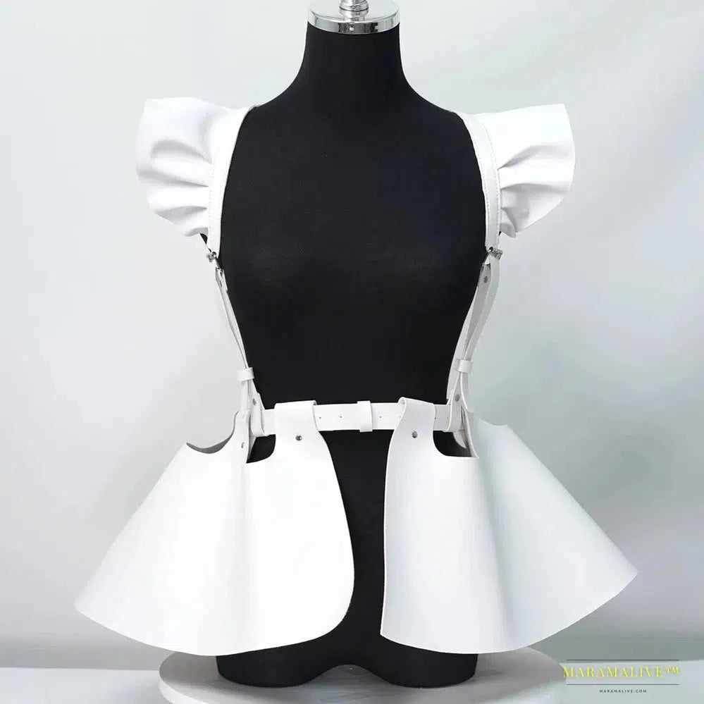 Stunning Gothic Women's Fashion Leather Harness Belt Skirt with Vibrant Ruffle Hem - Luxury Waist & Shoulder Belt Clothing Accessory