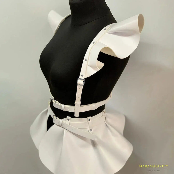 Stunning Gothic Women's Fashion Leather Harness Belt Skirt with Vibrant Ruffle Hem - Luxury Waist & Shoulder Belt Clothing Accessory