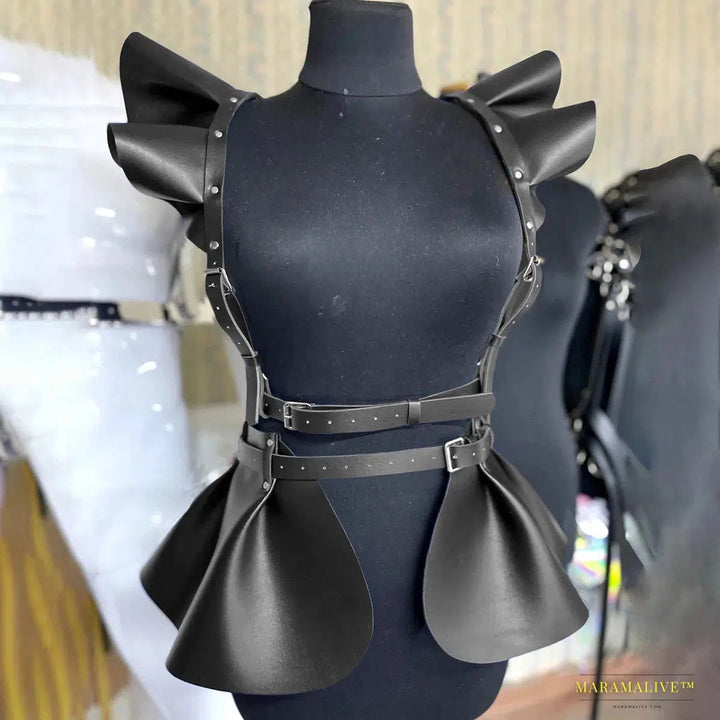 Stunning Gothic Women's Fashion Leather Harness Belt Skirt with Vibrant Ruffle Hem - Luxury Waist & Shoulder Belt Clothing Accessory