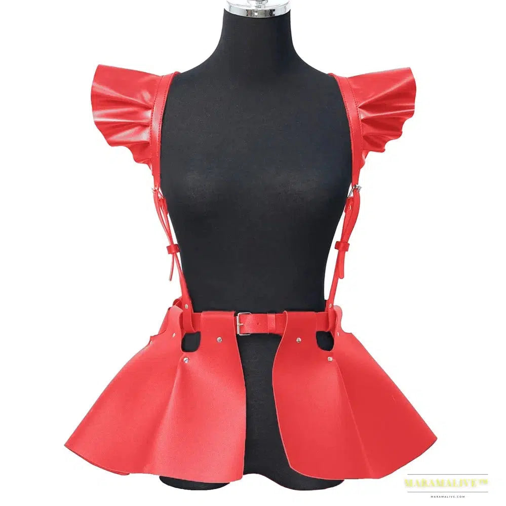 Stunning Gothic Women's Fashion Leather Harness Belt Skirt with Vibrant Ruffle Hem - Luxury Waist & Shoulder Belt Clothing Accessory