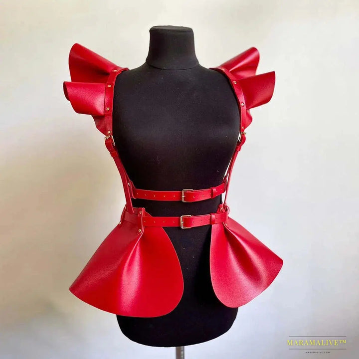 Stunning Gothic Women's Fashion Leather Harness Belt Skirt with Vibrant Ruffle Hem - Luxury Waist & Shoulder Belt Clothing Accessory