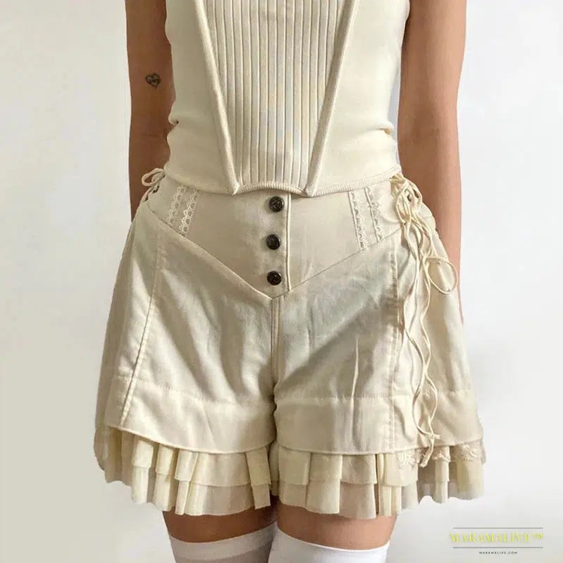 Stunning Maramalive™ Sweet Mesh Tiered Ruffle Shorts Skirts - Luxury Khaki Y2K Wide Bandage Hot Pants in Vibrant Lolita Style