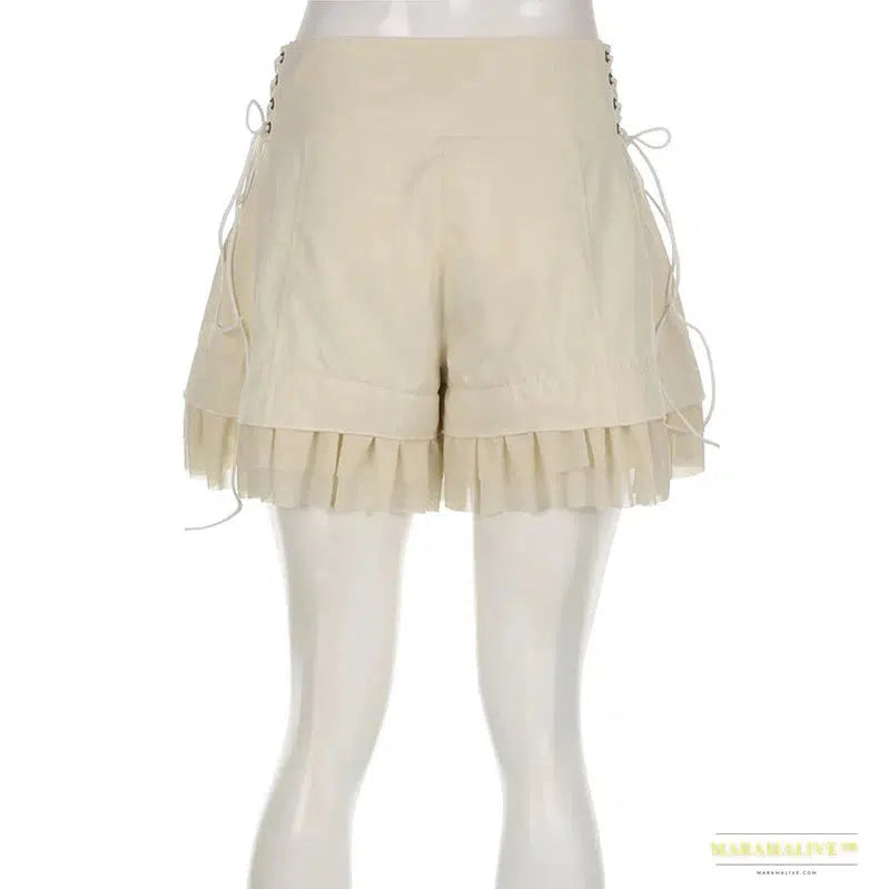 Stunning Maramalive™ Sweet Mesh Tiered Ruffle Shorts Skirts - Luxury Khaki Y2K Wide Bandage Hot Pants in Vibrant Lolita Style