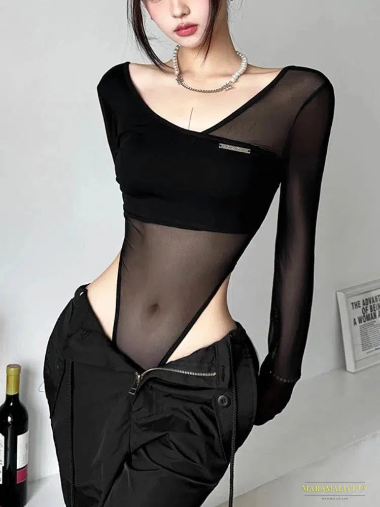 Stunning Vibrant Gothic Black Long-Sleeved Backless One-Piece Bodysuit, Corset Top Fashion