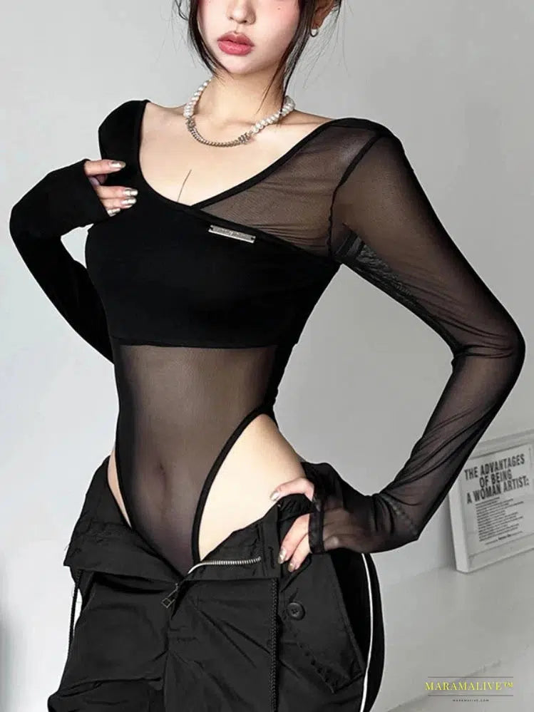 Stunning Vibrant Gothic Black Long-Sleeved Backless One-Piece Bodysuit, Corset Top Fashion