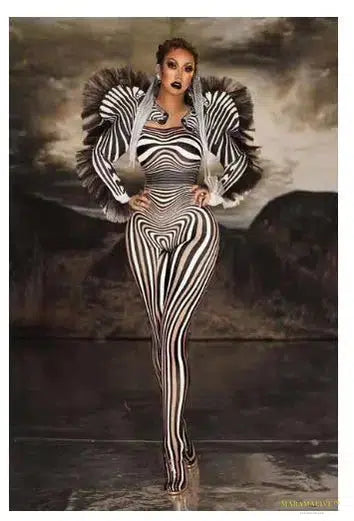 Stunning Vibrant Gothic Tiger-Print Stretch Jumpsuit & Long Cloak - Luxury Drag Queen Stage Outfit