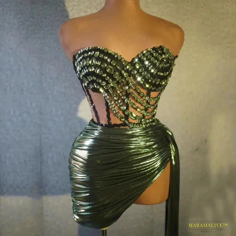 Stunning Vibrant Green Rhinestone Studded Dress - Luxury Gothic Fashion