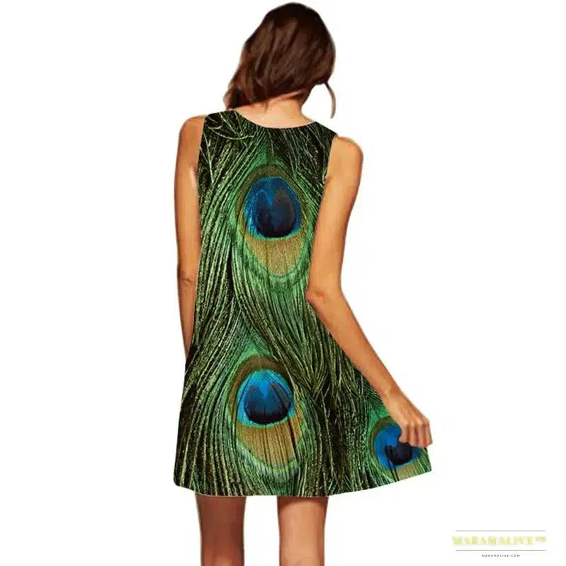 Stunning Vibrant Peacock Feather 3D Digital Print Summer Vest Dress - Seaside Holiday Luxury Women's Dress