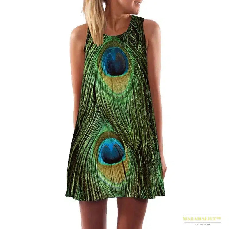 Stunning Vibrant Peacock Feather 3D Digital Print Summer Vest Dress - Seaside Holiday Luxury Women's Dress