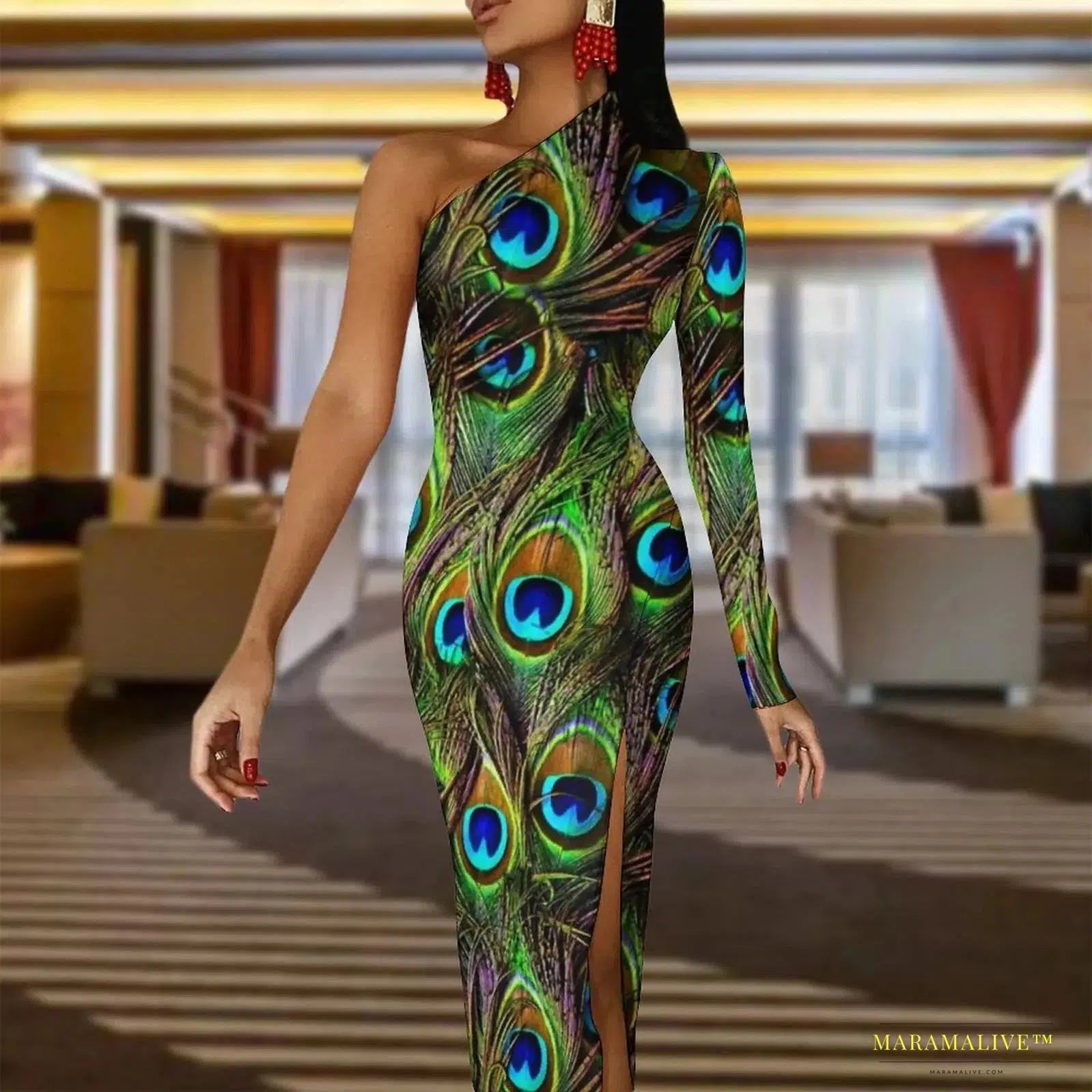 Stunning Vibrant Peacock Feather Bodycon Dress with High Slit - Luxury Spring Print Long Dresses