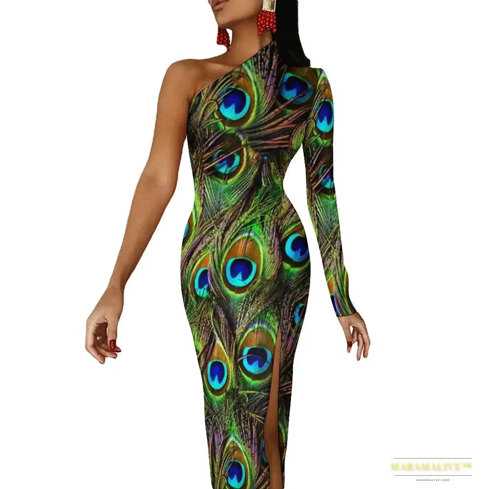 Stunning Vibrant Peacock Feather Bodycon Dress with High Slit - Luxury Spring Print Long Dresses