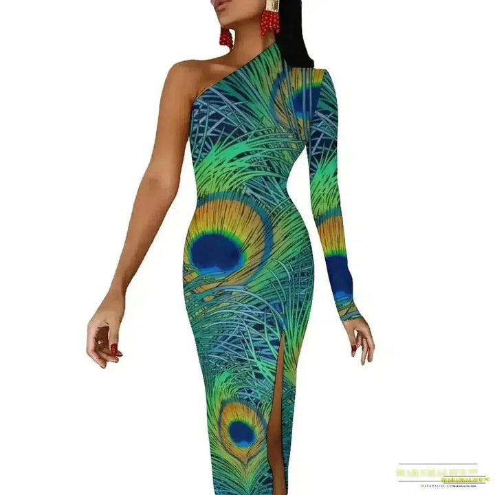 Stunning Vibrant Peacock Feather Dress with High Slit - Luxury Spring Print Long Dresses