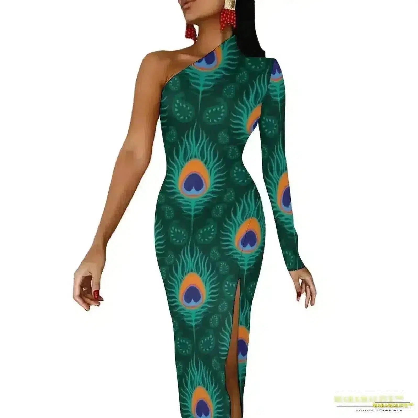 Stunning Vibrant Peacock Feather Dress with High Slit - Luxury Spring Print Long Dresses