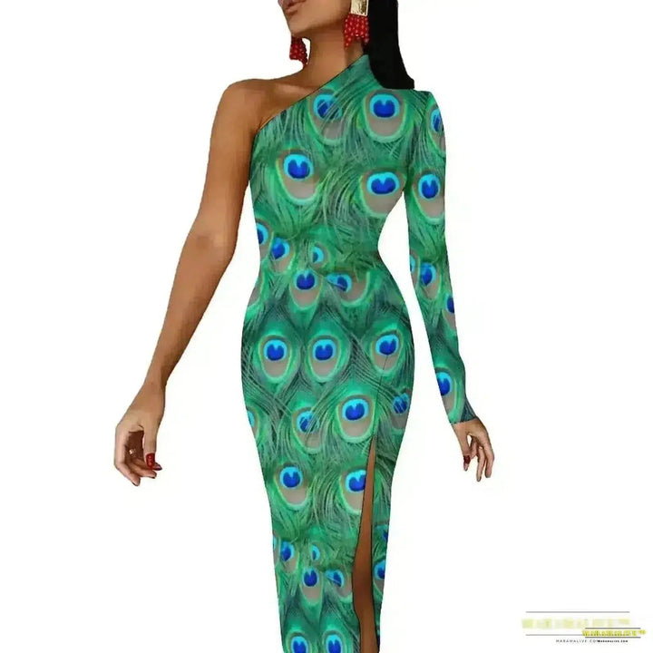 Stunning Vibrant Peacock Feather Dress with High Slit - Luxury Spring Print Long Dresses