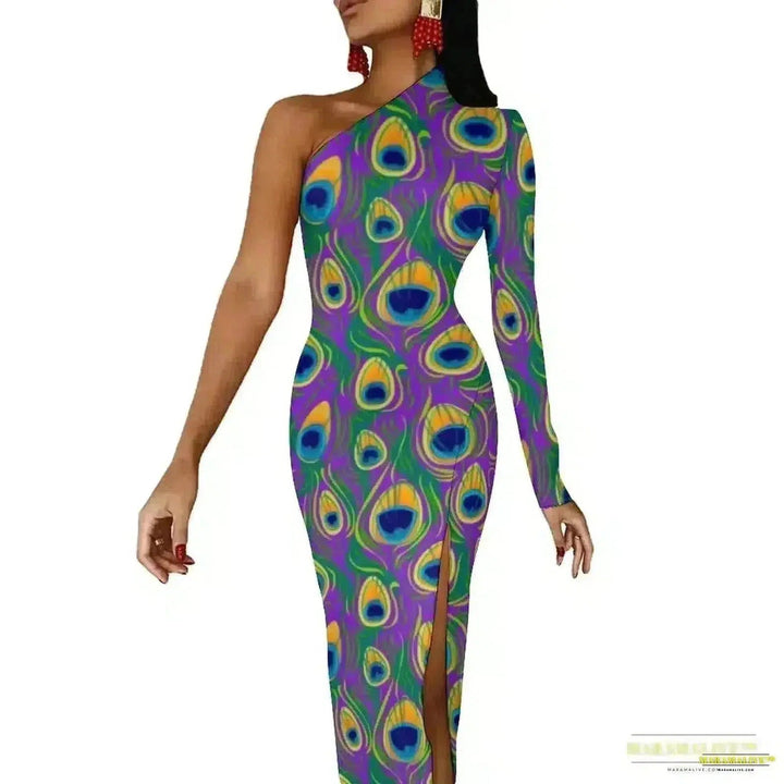 Stunning Vibrant Peacock Feather Dress with High Slit - Luxury Spring Print Long Dresses