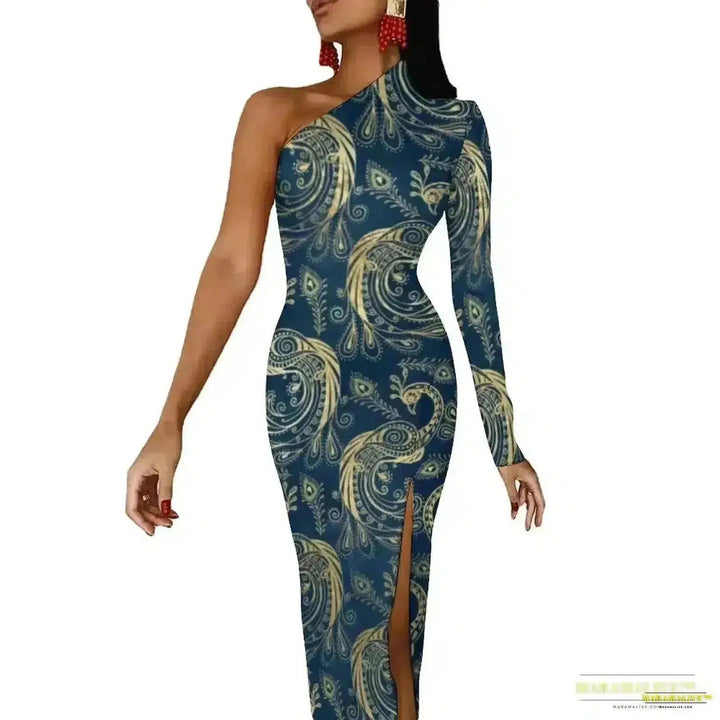 Stunning Vibrant Peacock Feather Dress with High Slit - Luxury Spring Print Long Dresses