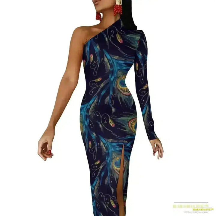 Stunning Vibrant Peacock Feather Dress with High Slit - Luxury Spring Print Long Dresses