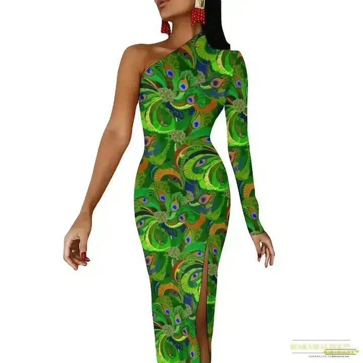 Stunning Vibrant Peacock Feather Dress with High Slit - Luxury Spring Print Long Dresses