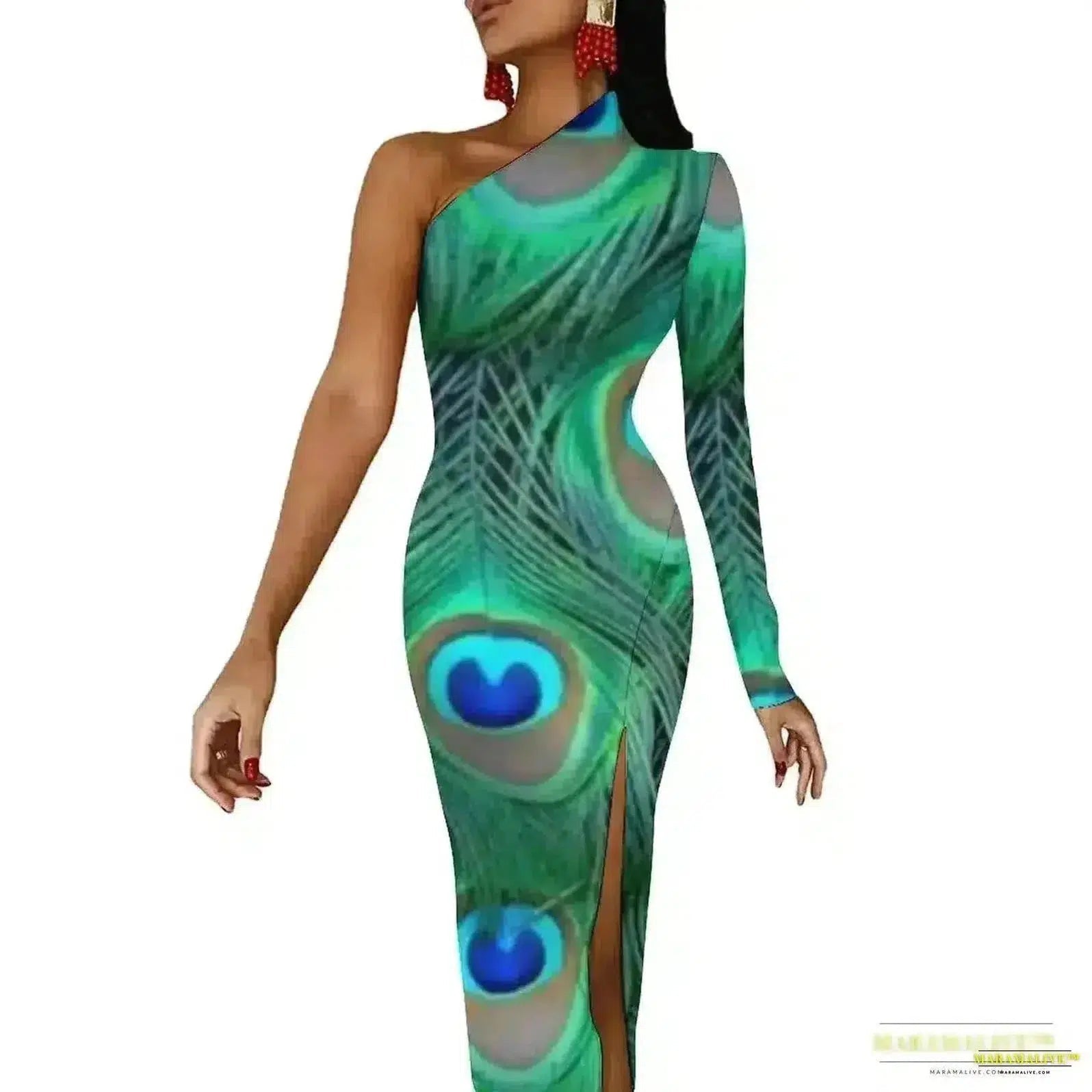 Stunning Vibrant Peacock Feather Dress with High Slit - Luxury Spring Print Long Dresses