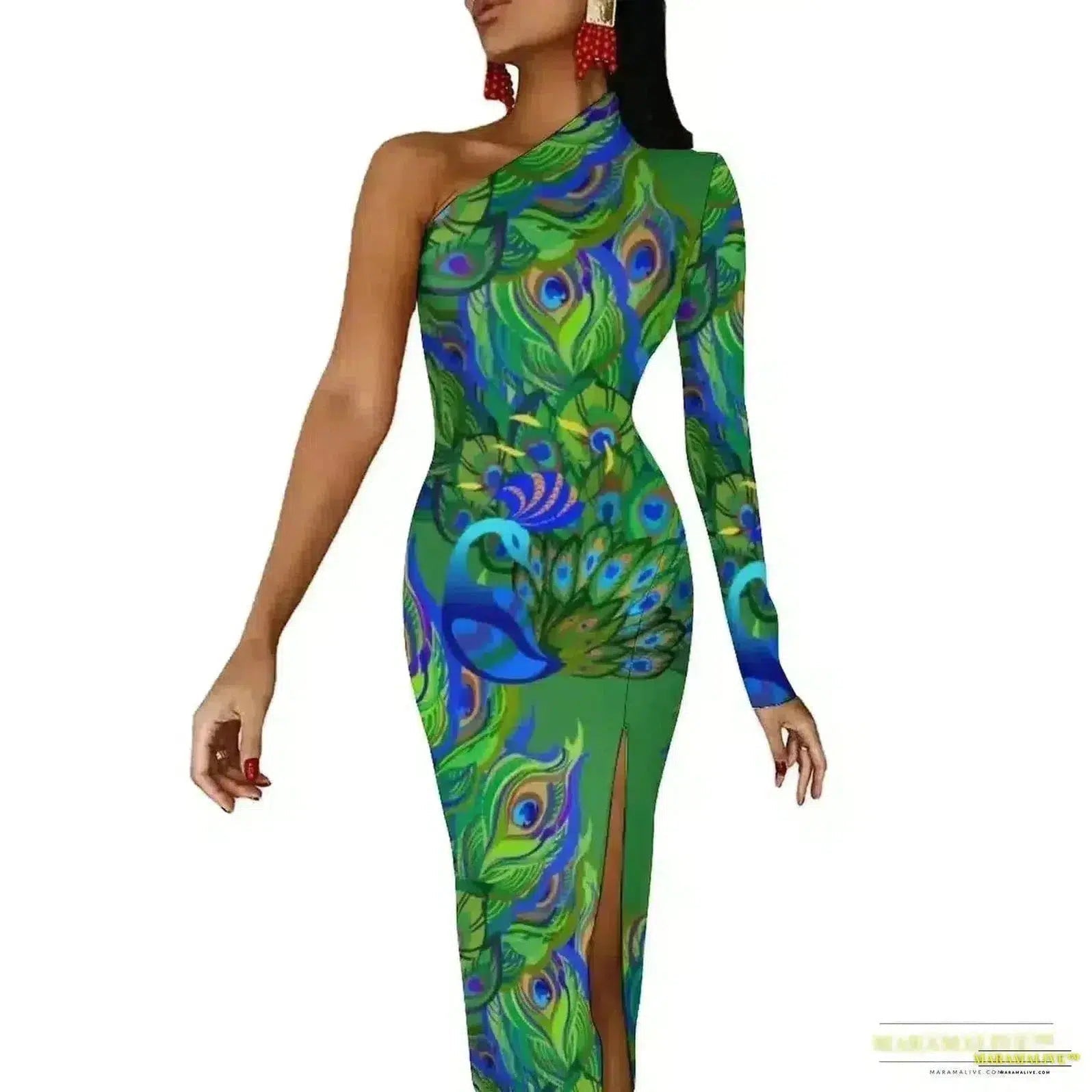 Stunning Vibrant Peacock Feather Dress with High Slit - Luxury Spring Print Long Dresses