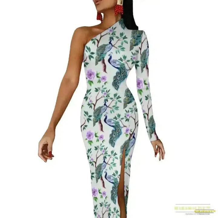 Stunning Vibrant Peacock Feather Dress with High Slit - Luxury Spring Print Long Dresses