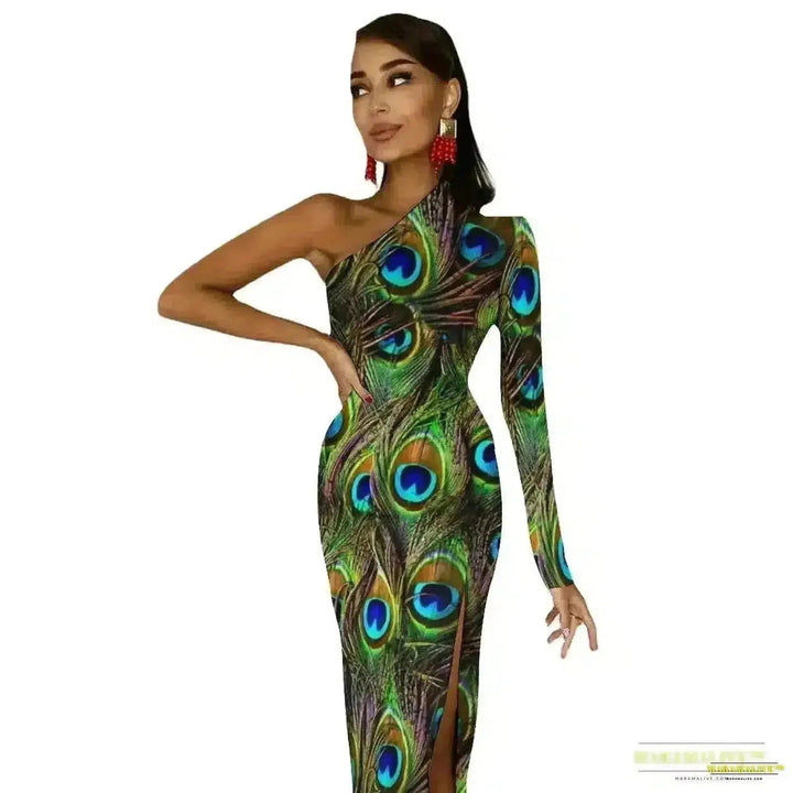 Stunning Vibrant Peacock Feather Dress with High Slit - Luxury Spring Print Long Dresses