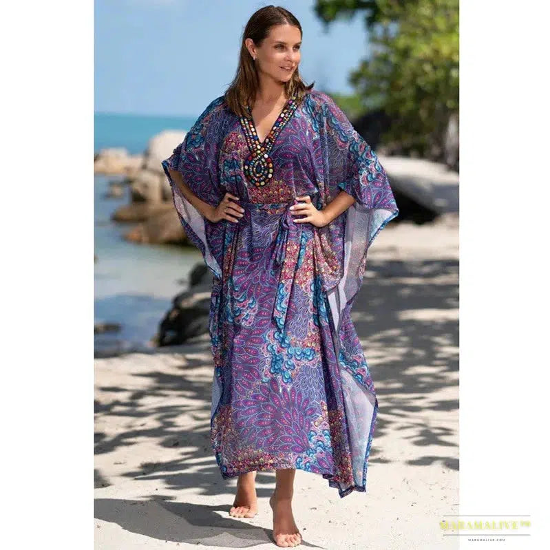 Stunning Vibrant Purple Boho Kaftan Dress - Gothic Fashion Oversized Maxi - Peacock Feather Print - Luxury Summer Tunic