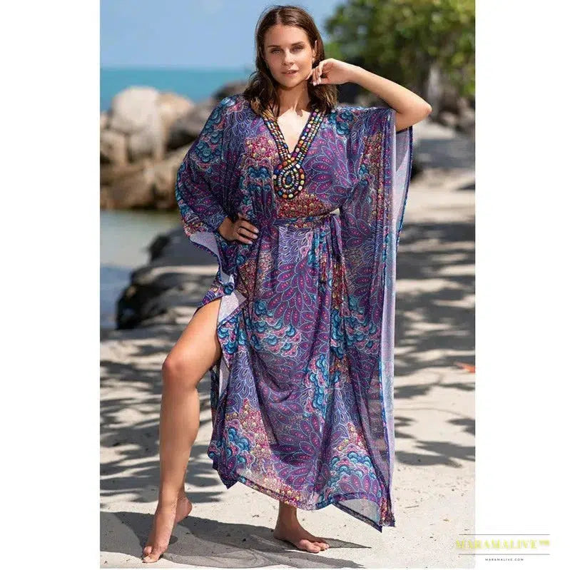 Stunning Vibrant Purple Boho Kaftan Dress - Gothic Fashion Oversized Maxi - Peacock Feather Print - Luxury Summer Tunic