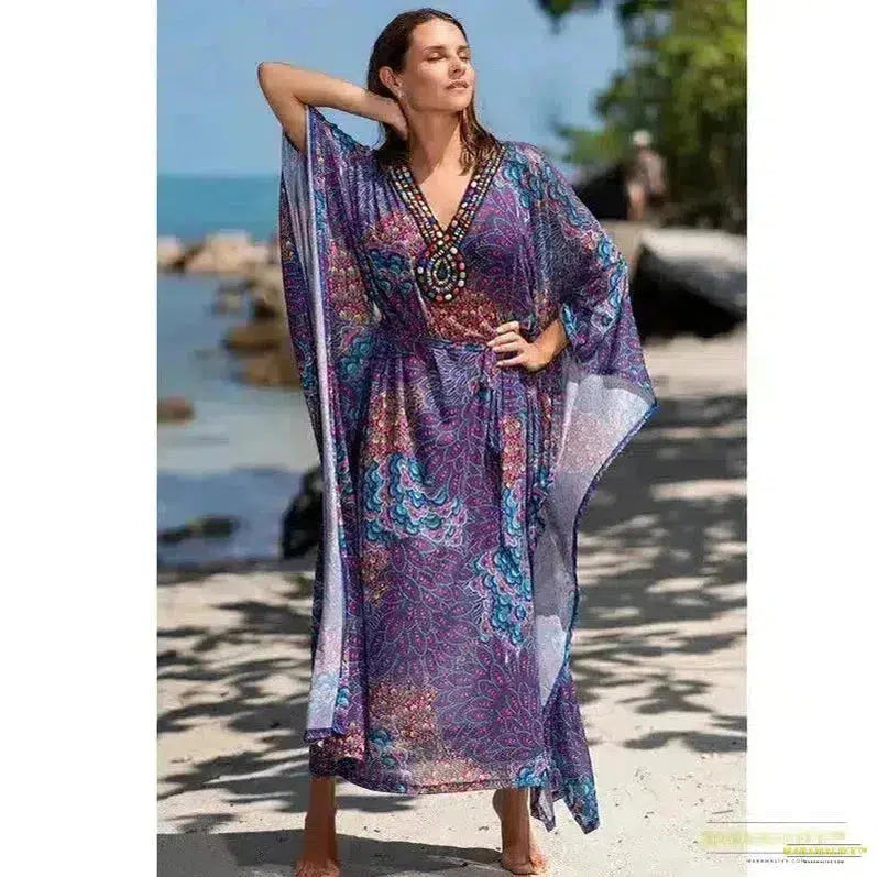 Stunning Vibrant Purple Boho Kaftan Dress - Gothic Fashion Oversized Maxi - Peacock Feather Print - purple kaftan dress