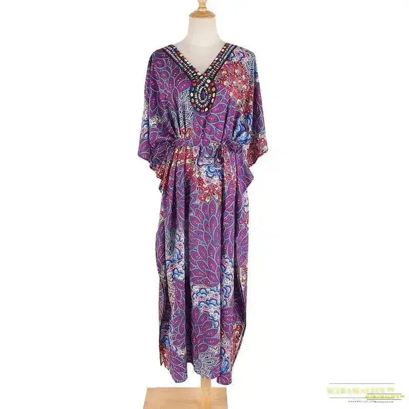 Stunning Vibrant Purple Boho Kaftan Dress - Gothic Fashion Oversized Maxi - Peacock Feather Print - purple kaftan dress