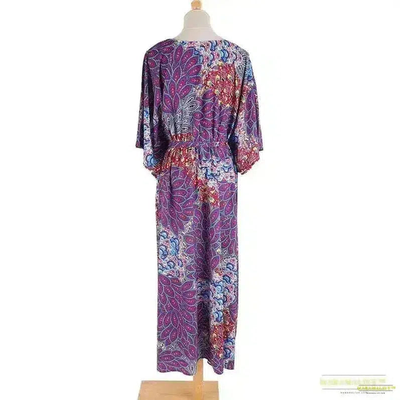 Stunning Vibrant Purple Boho Kaftan Dress - Gothic Fashion Oversized Maxi - Peacock Feather Print - purple kaftan dress