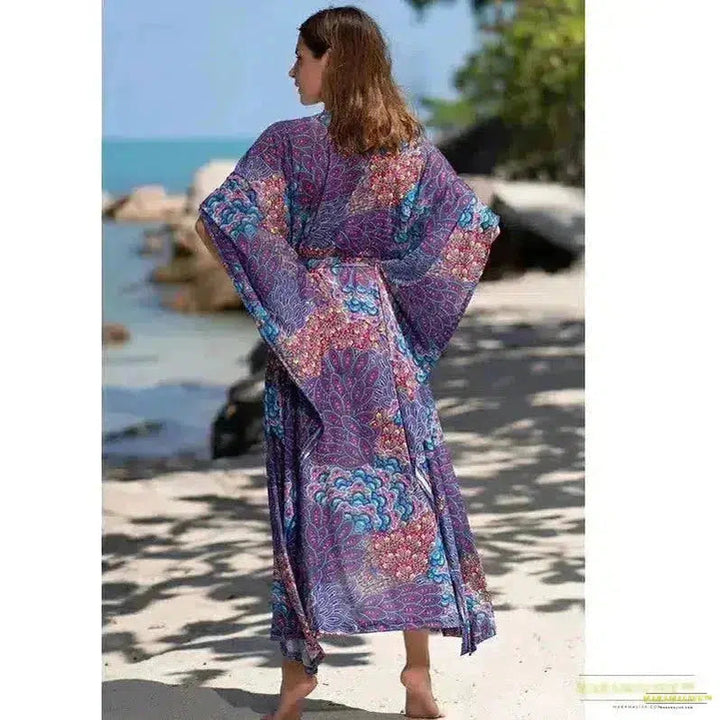 Stunning Vibrant Purple Boho Kaftan Dress - Gothic Fashion Oversized Maxi - Peacock Feather Print - purple kaftan dress