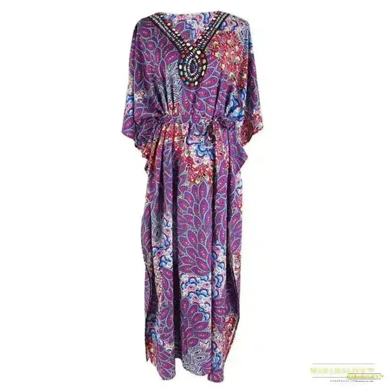 Stunning Vibrant Purple Boho Kaftan Dress - Gothic Fashion Oversized Maxi - Peacock Feather Print - purple kaftan dress