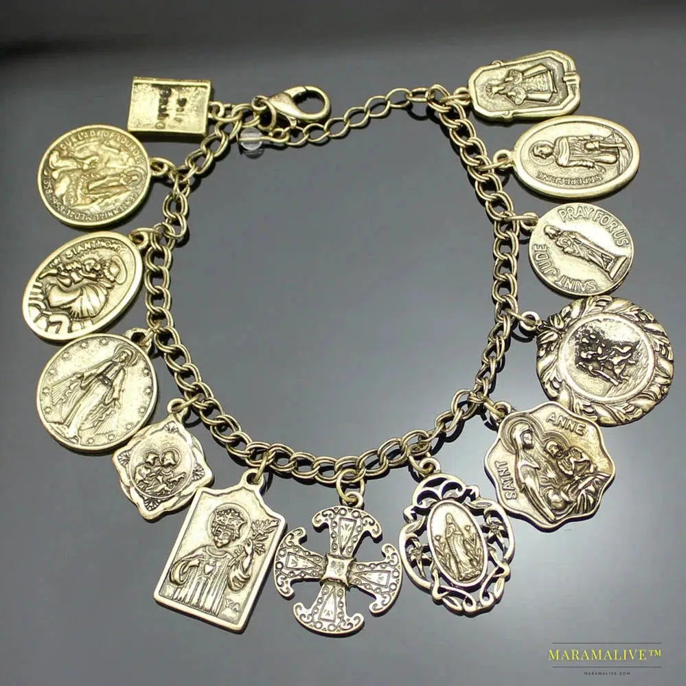 Stunning Vintage Silver Plated Catholic Religious Bracelet - Vibrant Medals Saints Cross Pendant Bangle